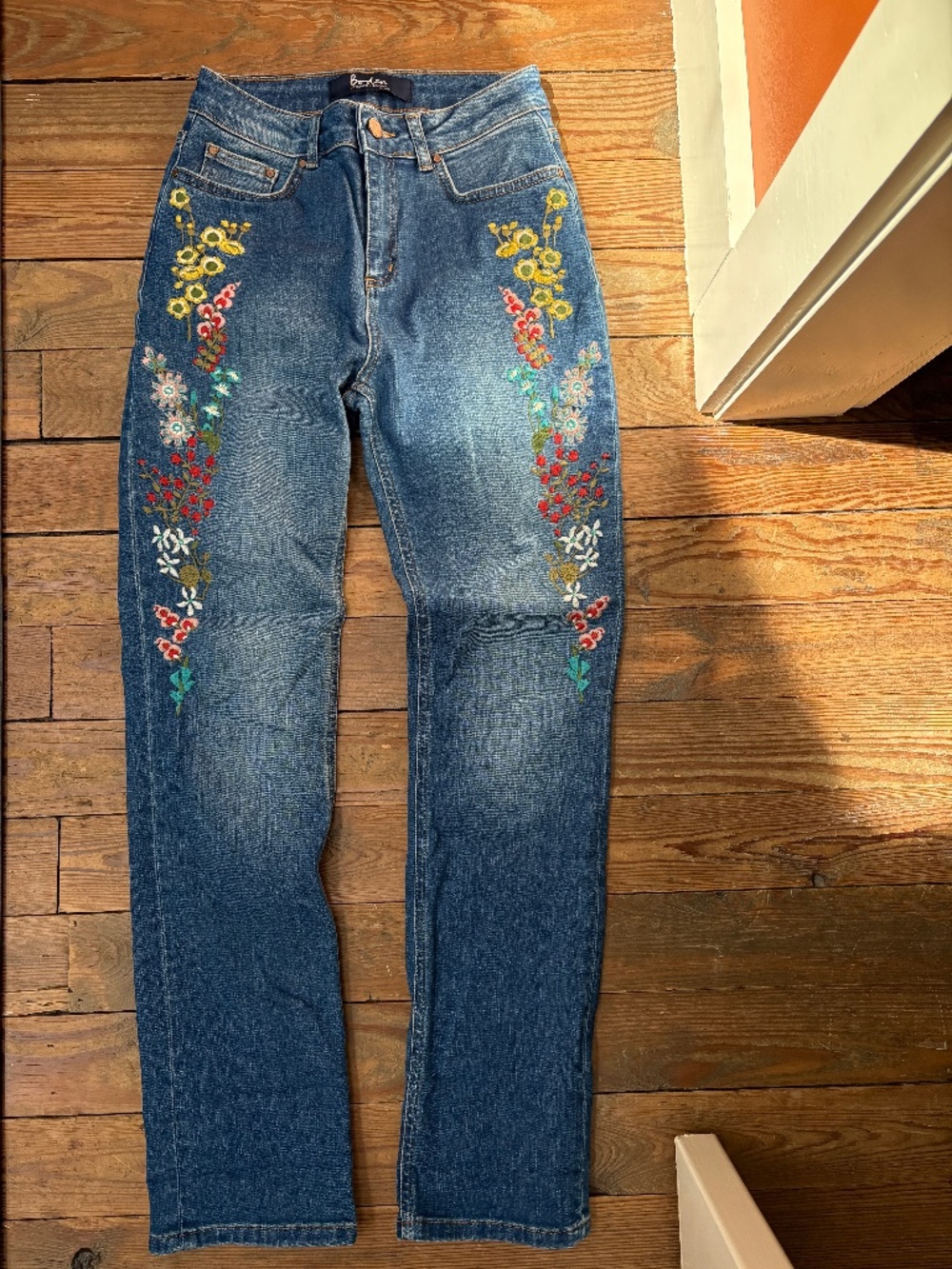 Boden Blue Straight Leg Jeans with Multi-Color Floral Embroidery